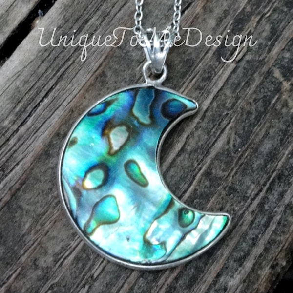 925 - Crescent Moon Mermaid's Dream Abalone Necklace, Sterling Silver Natural Abalone Shell Moon pendant, Natural Stone, Silver Shell OOAK