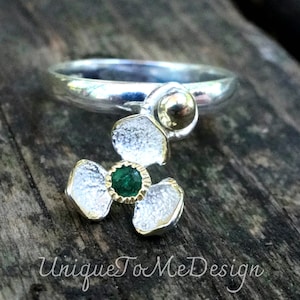 925 - Natural Green Chrome Diopside Dangle Ring Size 8.75, Sterling Silver, 14k Gold, OOAK Natural Stone Ring 8 9, Botanical green gemstone