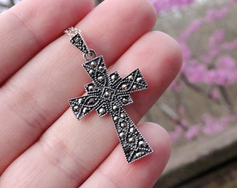 925 - Detailed Marcasite Cross Necklace, Sterling Silver, Natural Stone, Marcasite stone pendant, Cross pendant, Marcasite Cross Necklace