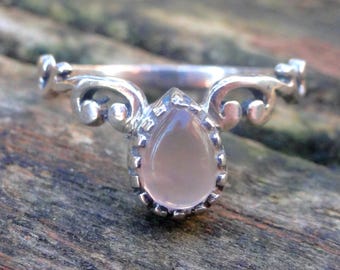 Handmade Sterling Silver Filigree Rose Quartz Ring - Size 8