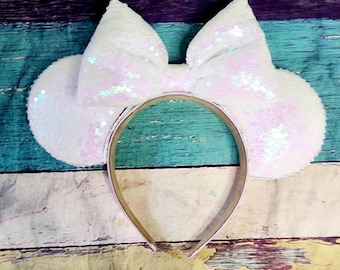 Magic Holographic White Sequin Mouse Ears. Mirror Mouse Ears. Custom Handmade Mouse Ears Headband. Gifts for Her Under 50