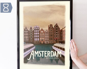 Amsterdam Retro Travel Art Poster Modern Home Decor 11x17 18x24 24x36