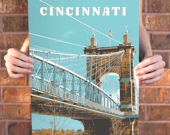 Cincinnati Bridge, OH Retro Travel Art Poster Modern Home Decor 11x17 18x24 24x36