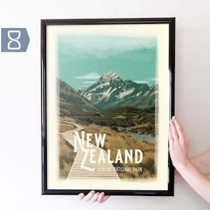 Aoraki Mount Cook National Park Poster: New Zealand Retro Travel Art