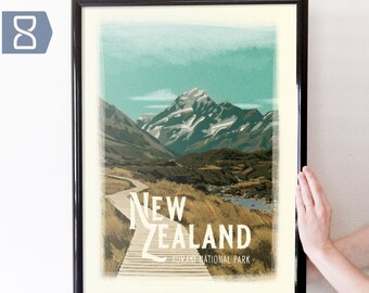 May include: A vintage-style travel poster featuring a scenic view of a mountain range in Aoraki National Park, New Zealand. The poster has a faded, textured background and features the text "NEW ZEALAND AORAKI NATIONAL PARK".