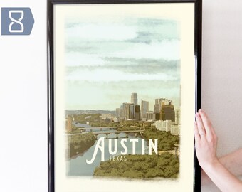 Austin, TX Retro Travel Art Poster Modern Home Decor 11x17 18x24 24x36