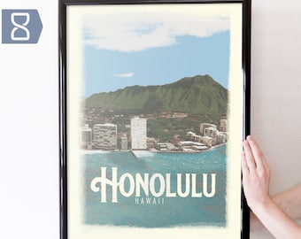 Honolulu, HI Retro Travel Art Poster Modern Home Decor 11x17 18x24 24x36