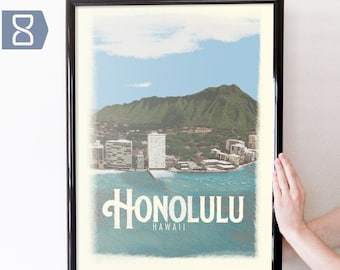 Honolulu, HI Retro Travel Art Poster Modern Home Decor 11x17 18x24 24x36