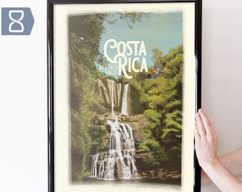 Nauyaca Waterfalls, Costa Rica Retro Travel Art Poster Modern Home Decor 11x17 18x24 24x36