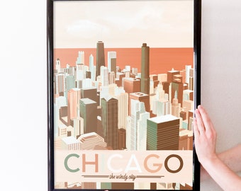 Chicago, Illinois Retro Travel Art Poster Modern Home Decor 11x17 18x24 24x36