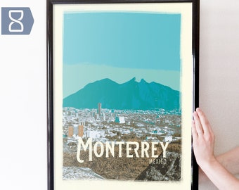 Monterrey, Mexico Retro Travel Art City Poster Modern Home Decor 11x17 18x24 24x36