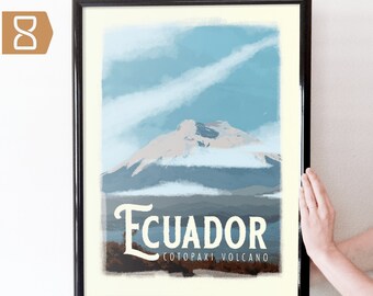 Cotopaxi Volcano, Ecuador Retro Travel Art Poster Modern Home Decor 11x17 18x24 24x36