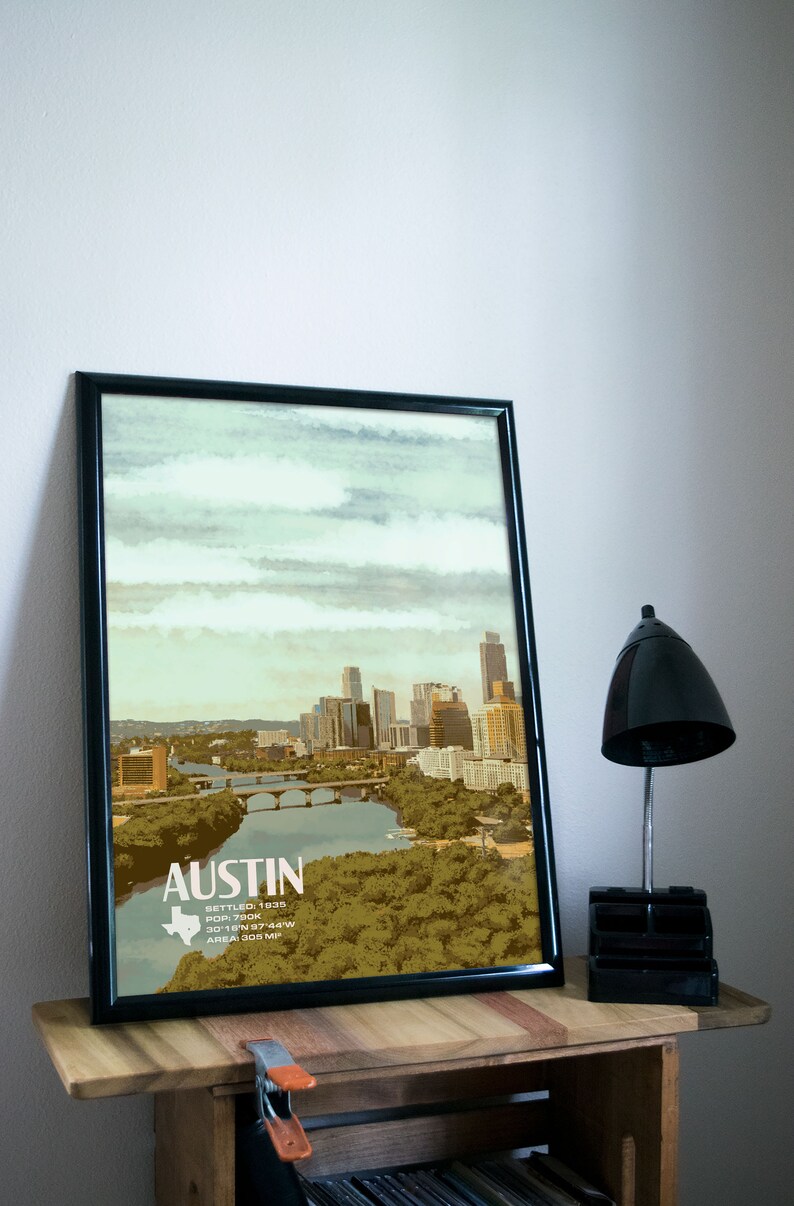 Austin, TX Retro Travel Art Poster Modern Home Decor 11x17 18x24 24x36 ...