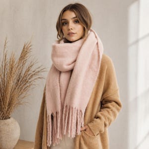 May include: A pale pink scarf with a fringed edge. The scarf is wrapped around the neck and shoulders. The person is wearing a tan coloured sweater. A vase with dried plants is in the background.