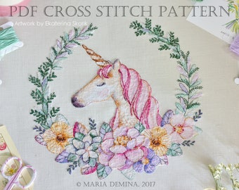 Watercolor Unicorn and Floral Wreath PDF cross stitch pattern / instant download