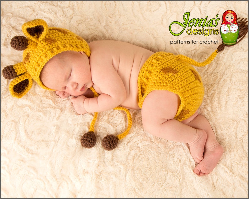 CROCHET PATTERN Giraffe Hat and Diaper Cover Set for Newborn, Baby, Infant Giraffe Bonnet Newborn Photo Prop image 1