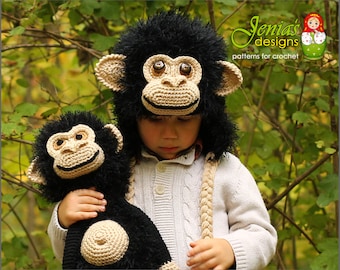 PATROON SET - Gehaakte chimpansee, aap Amigurumi knuffel en muts voor peuter, kind, tiener, volwassene, jongens of meisjes - fotoprop, kostuum