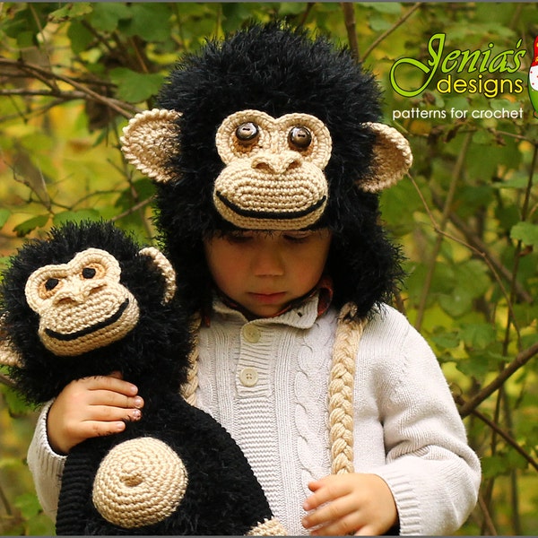 PATTERN SET - Chimpancé de ganchillo, mono Amigurumi juguete relleno y sombrero para niños pequeños, niños, adolescentes, adultos, niños o niñas - Foto Prop, disfraz