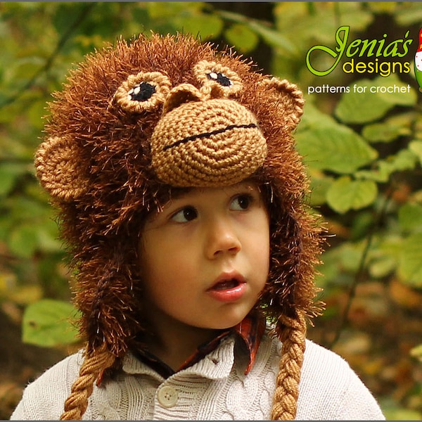 PATRÓN DE SOMBRERO DE GANCHILLO - Sombrero de animal mono, patrón de sombrero de orangután/simio para bebé, niño pequeño, niño, adolescente, adulto, niños/niñas - Accesorio fotográfico/disfraz