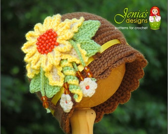 CROCHET PATTERN - Crochet Cloche Hat Pattern, Vintage Sunflower Cloche Hat Pattern for Baby, Toddler, Child, Teen, Adult (GIRLS)