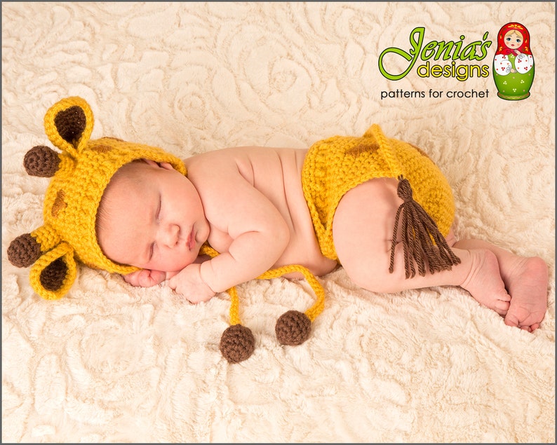 CROCHET PATTERN Giraffe Hat and Diaper Cover Set for Newborn, Baby, Infant Giraffe Bonnet Newborn Photo Prop image 2