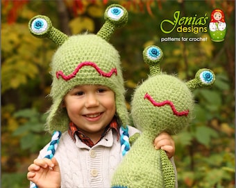 GEHAAKTE PATROON SET - Alien Monster kostuum hoed voor baby, peuter, kind, tiener, volwassene, meisje, jongen & Alien Monster Amigurumi knuffel