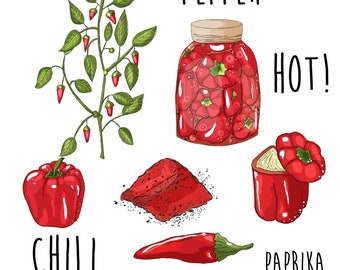 Hand drawn red peppers. Printable illustration. Usable for cards, prints, stationary, wrapping, scrapbook.