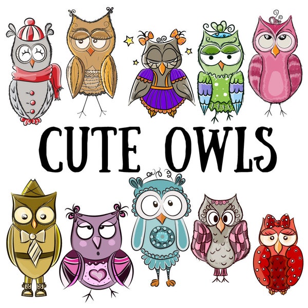 Cute owls set. Printable, digital illustration. Childish characters. Birds. Drawing. Hand drawn. Colorful. Sticker, print, scrapbook