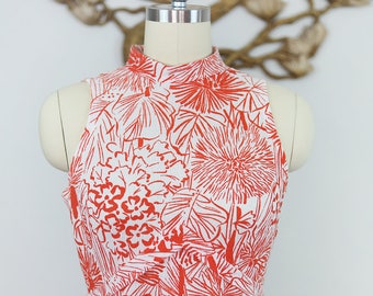Vintage 1970's Orange and White Full Length Sleeveless Maxi Dress With Desert Floral Print