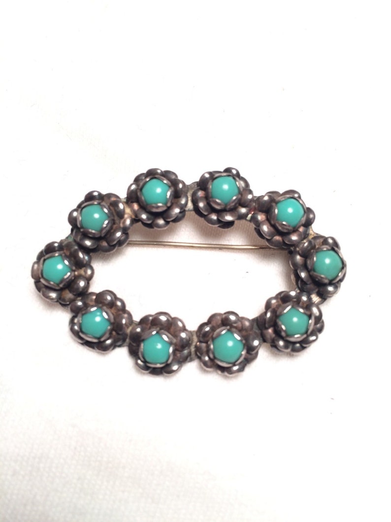 Vintage 925 sterling silver handcraft flower turquoise pin brooch p28