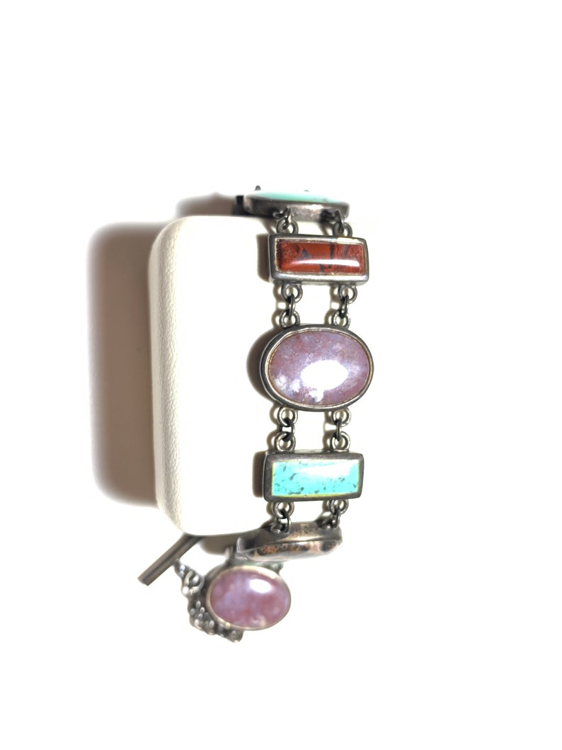 Vintage 925 sterling silver turquoise and multi gems stone bracelet B287