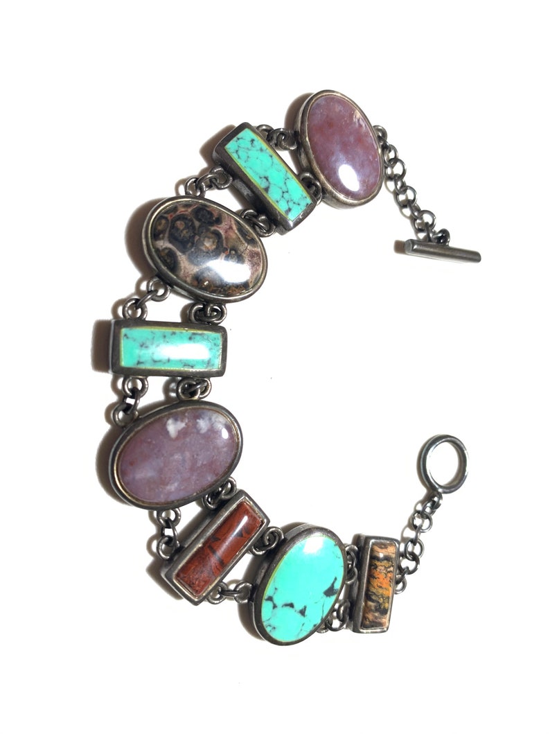 Vintage 925 sterling silver turquoise and multi gems stone bracelet B287