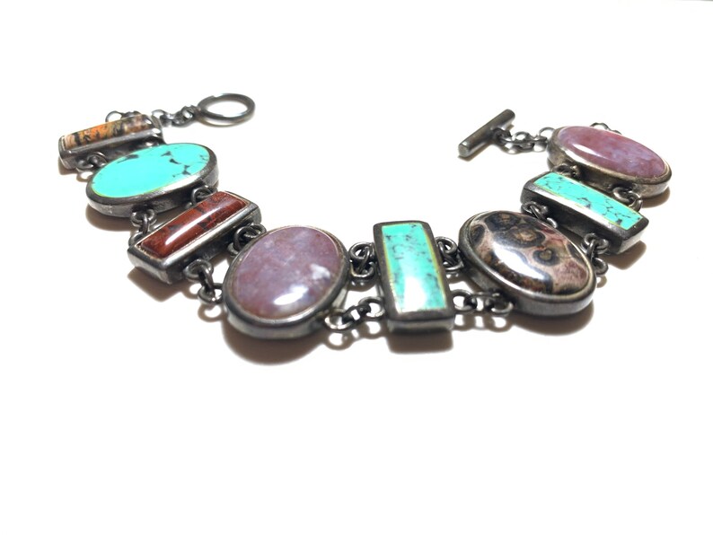 Vintage 925 sterling silver turquoise and multi gems stone bracelet B287