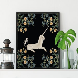 Medieval Unicorn Print - Medieval Floral Poster - Unicorn Poster - Vintage Unicorn with Flora