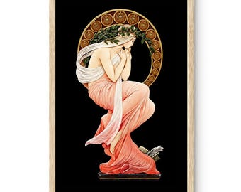 Art Nouveau Woman Print, Mucha Style, Dark Romantic Decor (Archival Matte Paper)