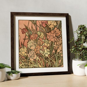 Mucha flowers Painting  - Print - Pink and Beige - Art Nouveau Floral- Mandala  Square - For Your Sacred Space