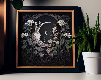 Art Nouveau Moon Print - Moon Flowers Art Nouveau - Moon face Print Square