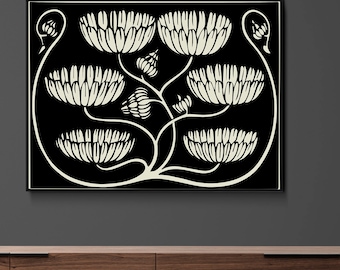Aubrey Beardsley Floral Art Nouveau Print: Vintage Black and Beige