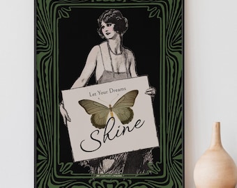 Art Deco Goddess Print: Butterfly, 'Let Your Dreams Shine' - Vintage Art Nouveau Poster