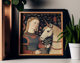 Mittelalterlicher Einhorn und Mädchen Kunstdruck - Vintage Navy und Rot
