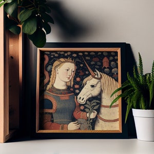 Medieval Unicorn and Girl - Vintage Art - Medieval Print - Navy and Red