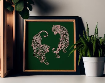 Pink Tigers Art Print: Vintage Japanese Remix, Square Poster