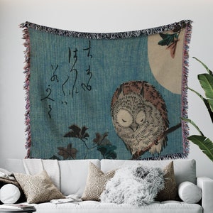 Japanese Woven Blanket - Cute Owl Blanket - Vintage Design - Owl Lover Gift - HIROSHIGE Japanese Antique