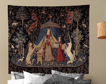 Lady With Unicorn Tapestry - New Version - Maroon and Black - Unicorn Art - Original by Raphael