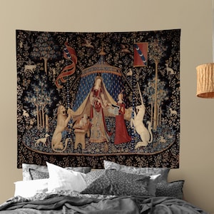 Lady With Unicorn Tapestry - New Version - Maroon and Black - Unicorn Art - Original by Raphael
