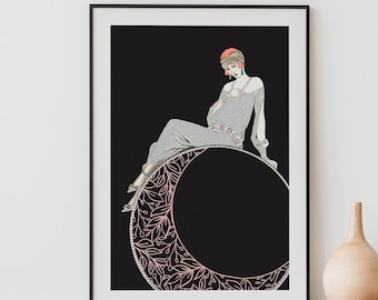 1920 Deco - Art Nouveau Moon Goddess - Poster  Bohemian - Goddess Print Large Artwork Hippie Lady Mucha