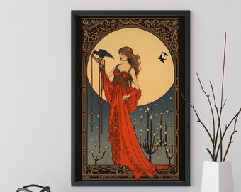 May include: A framed art print featuring a person with long brown hair wearing a flowing red gown. The figure stands before a large yellow moon, holding a black bird. The border is decorated with intricate gold patterns and star motifs.