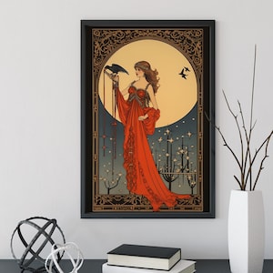 Morrigan - Goddess - Deco - Art Nouveau Goddess - Poster  Bohemian - Goddess Print Large - Red and Gold Print