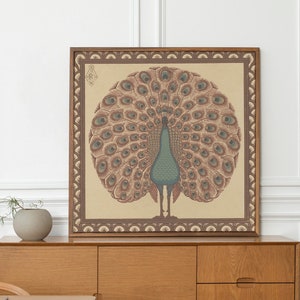 Vintage art-nouveauprint pauw: bruin muurdecor