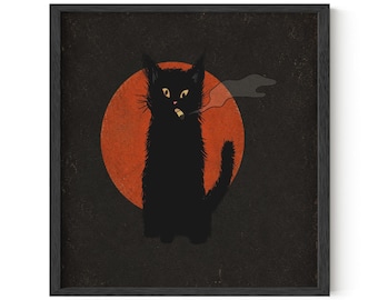 Black Cat Smoking Art Print, Gothic Wall Decor, Vintage Halloween Poster, Dark Humor, Cat Lover Gift